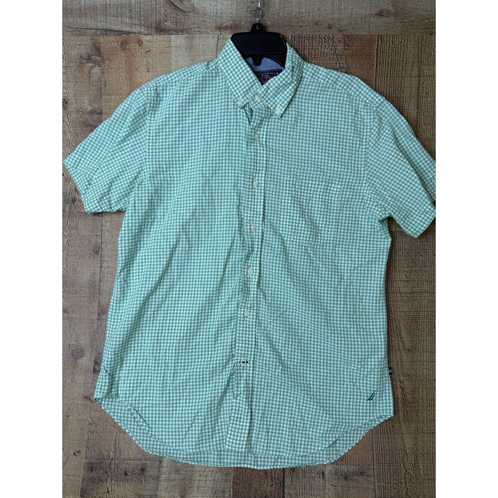 Nautica Mens M Green Gingham Check Shirt Short Sleeve Preppy Coastal Old Money